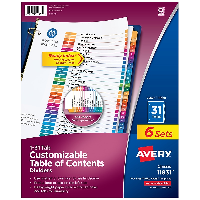 Avery Ready Index Table of Contents Paper Dividers, 1-31 Tabs, Multicolor, 6 Sets/Pack (11831) image 1