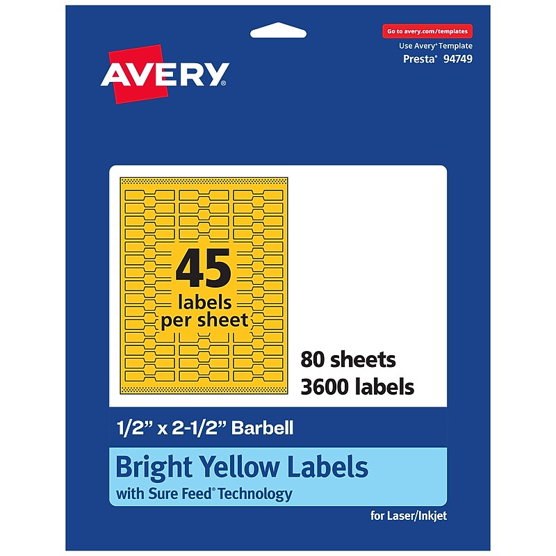 Avery Laser/Inkjet Barbell Multipurpose Labels, 0.5" x 2.5", Bright Yellow, 3600/Box (94749) image 1