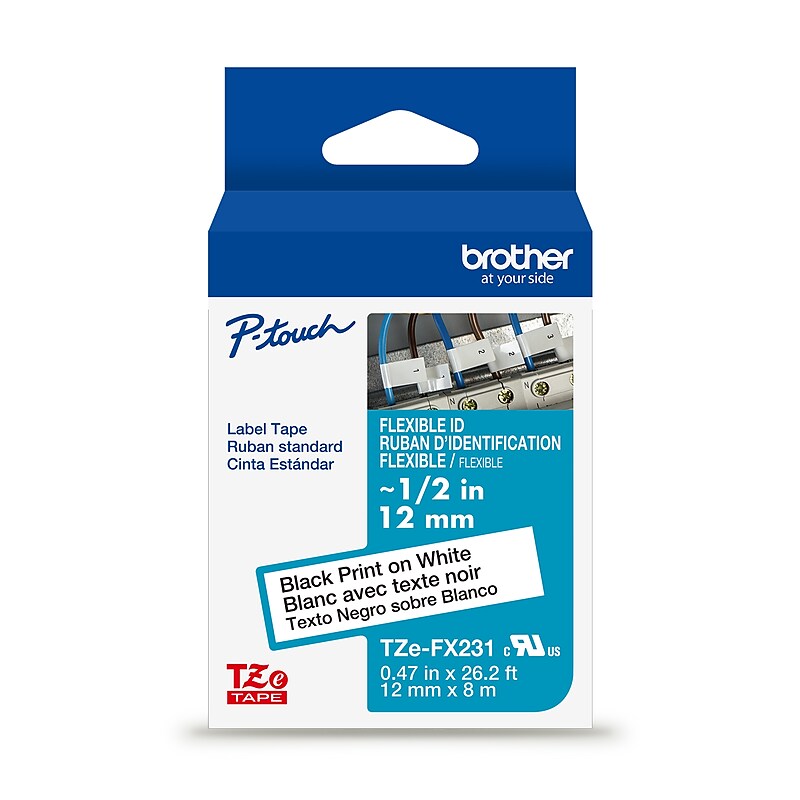 Brother P-touch Flexible ID Laminated Label Tape, ~1/2" x 26.2', Black on White (TZeFX231) image 1