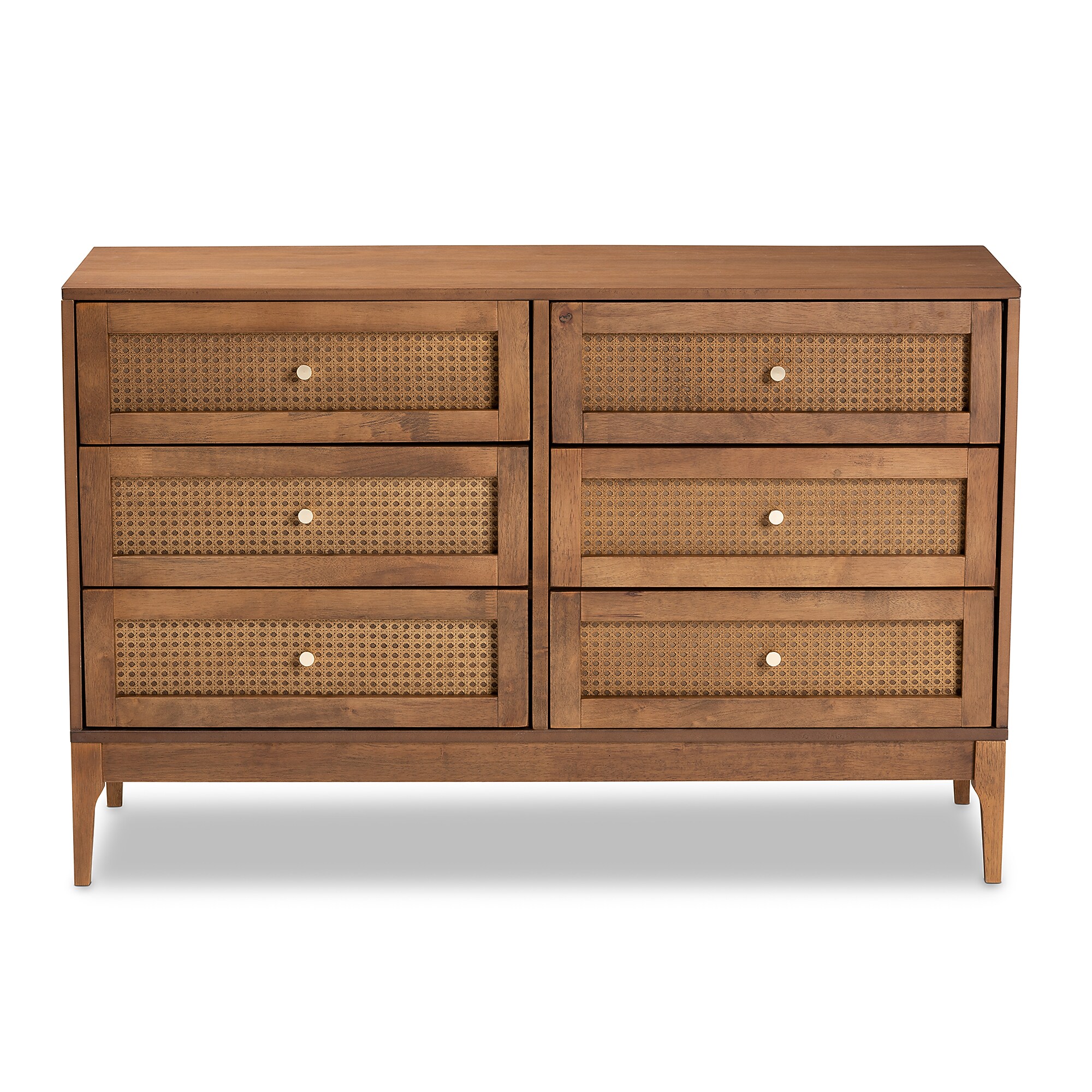 Front view of Baxton Studio Ramiel 30 in dresser with woven panel drawers and round knobs