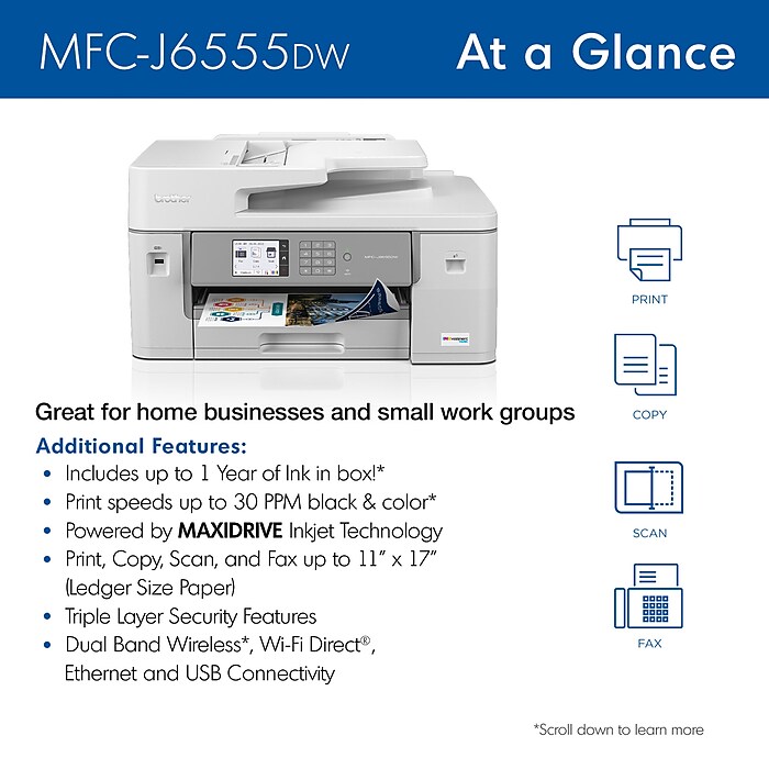 MFC-J6555DW INKvestment Tank All-in-One Color Inkjet Printer, Copy/Fax/Print/Scan