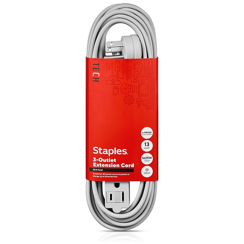 Staples TECH 15' Extension Cord, 3-Outlet, 16 AWG, Gray (ST22130-CC) image 1