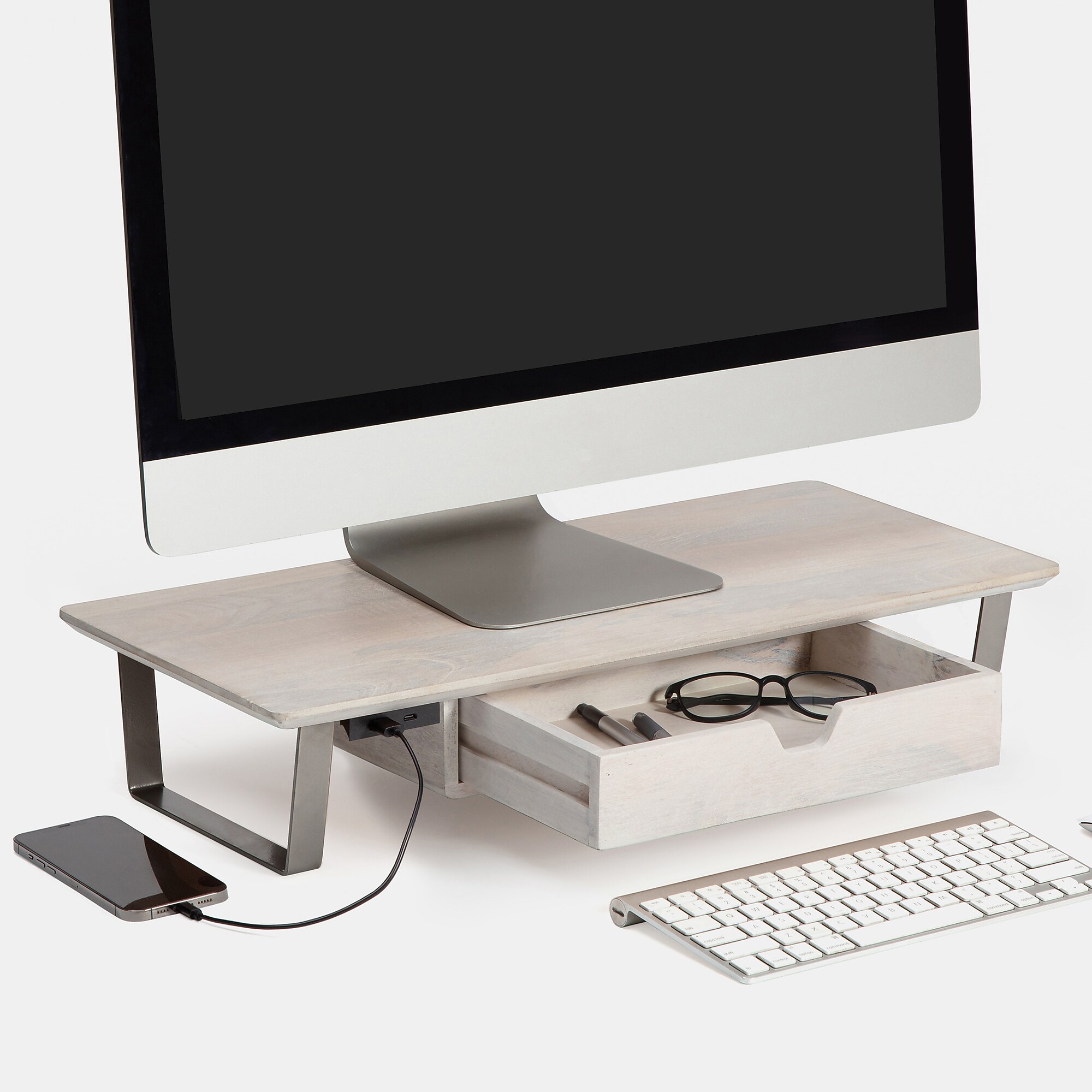 Anji Mountain Mango Wood & Metal Monitor Stand, Up to 32″ Monitor, White Wash (MS-WWS-06NKL-PD) Sansujyuku sansujyuku.com