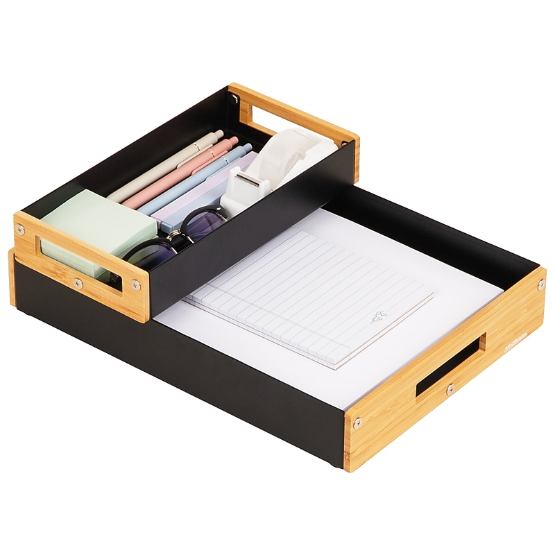 Mind Reader 2-Compartment Metal/Wood Tiered Desktop Organizer Trays, Black (2TRAY-BLK) image 1