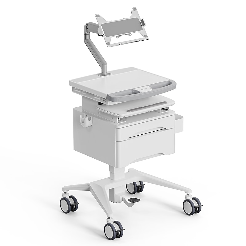 Mount-It! MedHub Mobile Medical Cart Workstation with Drawers, Laptop Arm, and Locking Caster Wheels, White/Grey (MI-16027) image 1
