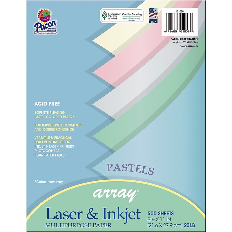 Pacon Array Pastels Paper, 8.5" x 11", 20 lbs., Assorted Colors, 500/Ream (PAC101058) image 1