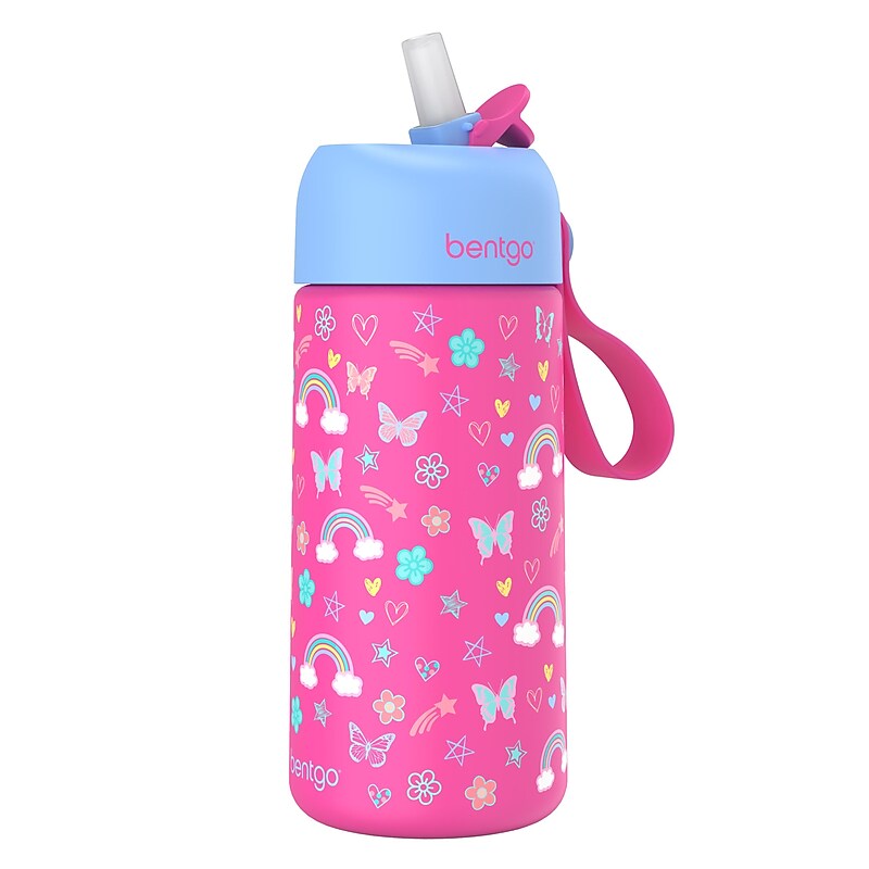 bentgo Stainless Steel Double Wall Insulated Water Bottle, 14 oz., Rainbow & Butterflies (BGKSTBL-RBO) image 1