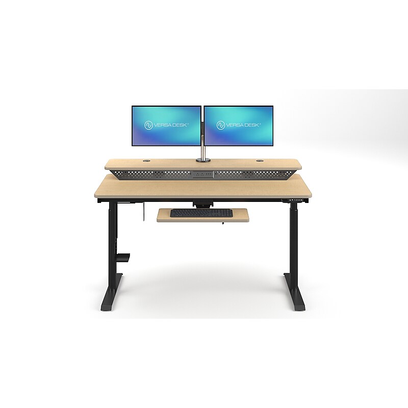 VersaDesk PowerLift Split-Level 60"W Electric Rectangular Adjustable Standing Desk, Maple/Black (PL2SD6030-BM) image 1