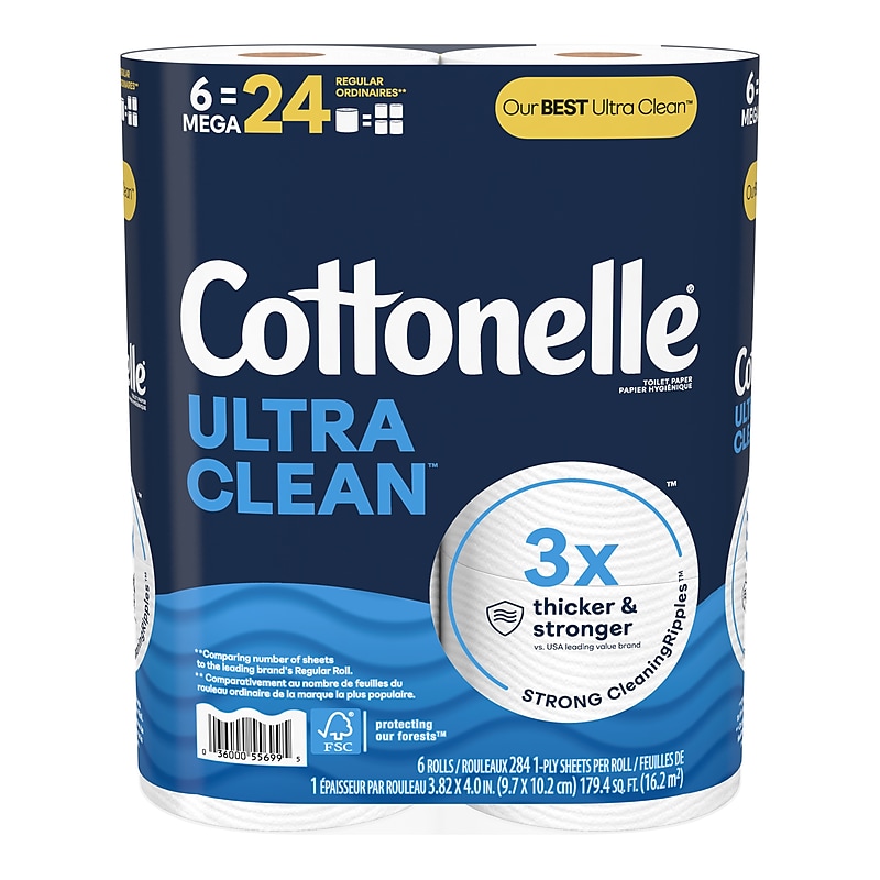 Cottonelle Ultra CleanCare 1-Ply Standard Toilet Paper, White, 312 Sheets/Roll, 6 Mega Rolls/Pack (47747) image 1