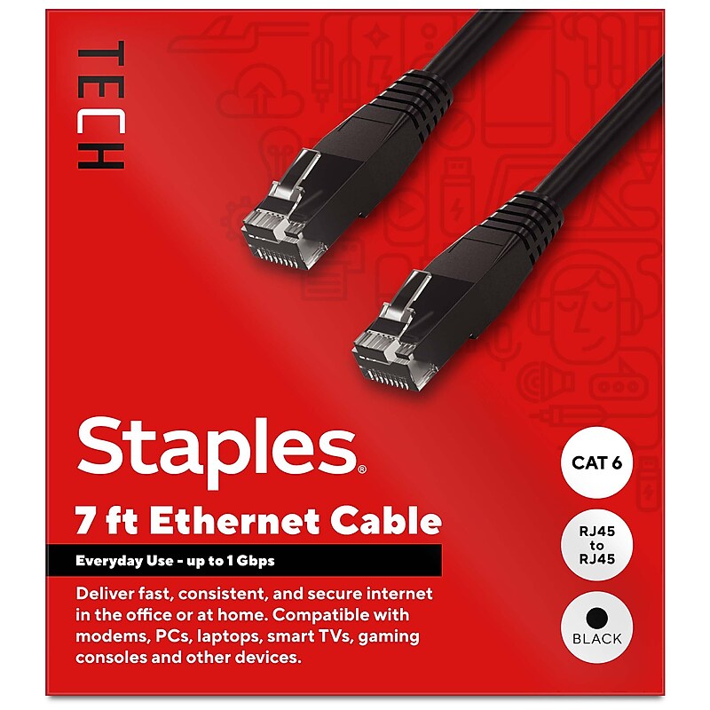 Staples TECH 7 ft. Cat-6 Ethernet Cable, Male to Male, Black (ST62458) image 1