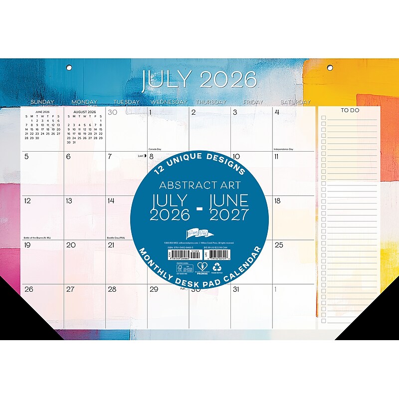 2026-2027 Willow Creek 17" x 12" Academic Monthly Desk Calendar, Abstract Art (64665) image 1