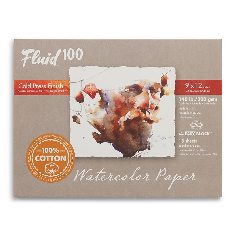 Speedball Fluid 100 Cold Press Watercolor Paper Block, 9" x 12", White, 15/Sheets (SBA811218) image 1