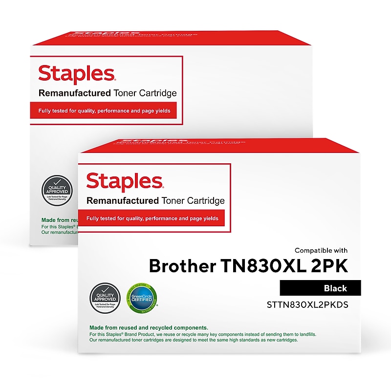 Staples TN-830XL Remanufactured Black High Yield Toner Cartridges Replacement for Brother TN-830XL (TN830XL2PK), 2/Pack image 1