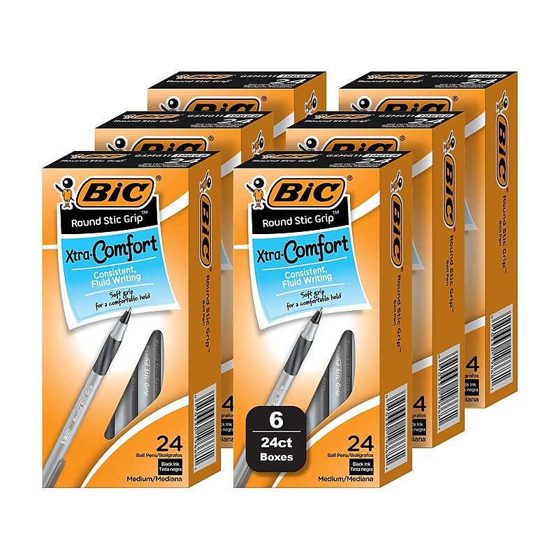 BIC Round Stic Grip Xtra Comfort Ballpoint Pen, Medium Point, 1.0mm, Black Ink, 24/Box, 6 Boxes/Pack (GSMG144E-BLK) image 1