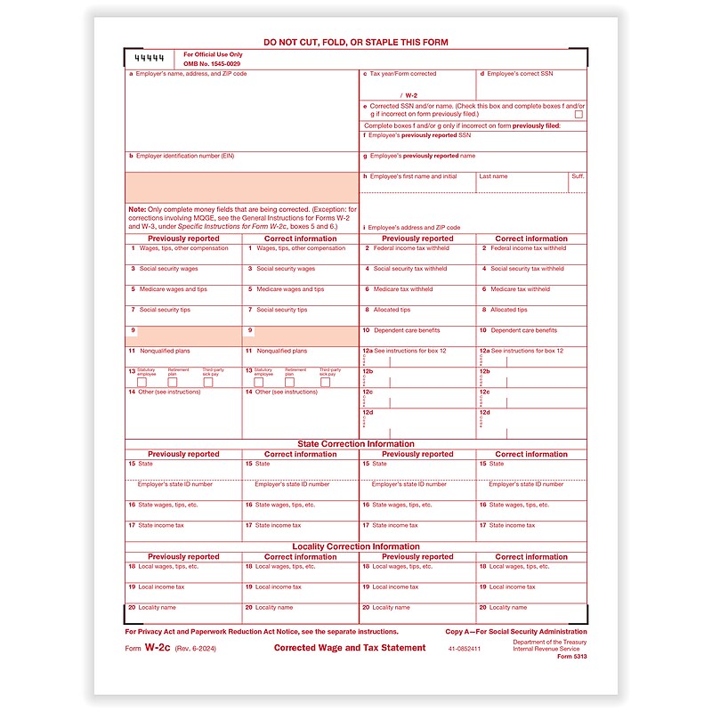 ComplyRight 2024 W-2C Tax Form, 1-Part, Federal Copy A, 50/Pack (531350) image 1