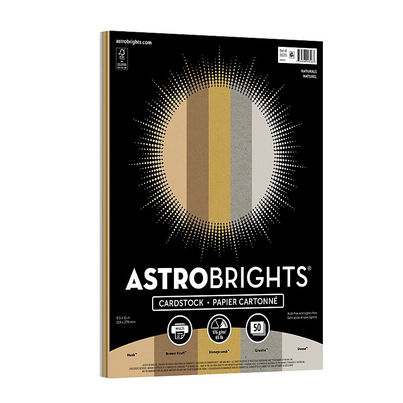 Astrobrights 65 lb. Cardstock Paper, 8.5" x 11", Naturals Assortment, 50 Sheets/Ream (99316MA) image 1