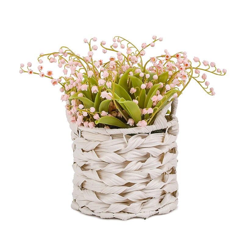 National Tree Company 11" Pink Lily-of-the-Valley Flowers in White Basket (MT81-00126GPK-1) image 1
