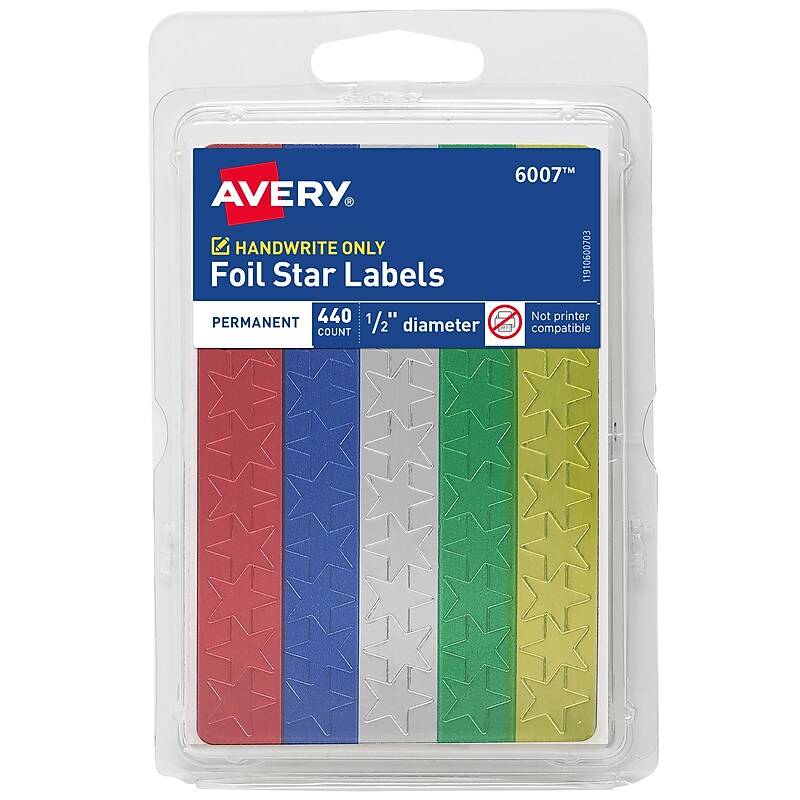 Avery Hand Written Identification & Color Coding Labels, 0.5"Dia., Blue/Gold/Green/Red/Silver, 440/Pack (6007) image 1