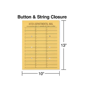 Staples Button & String Inter-Departmental Envelopes, 10" x 13", Brown Kraft, 100/Box (50163/472993)
