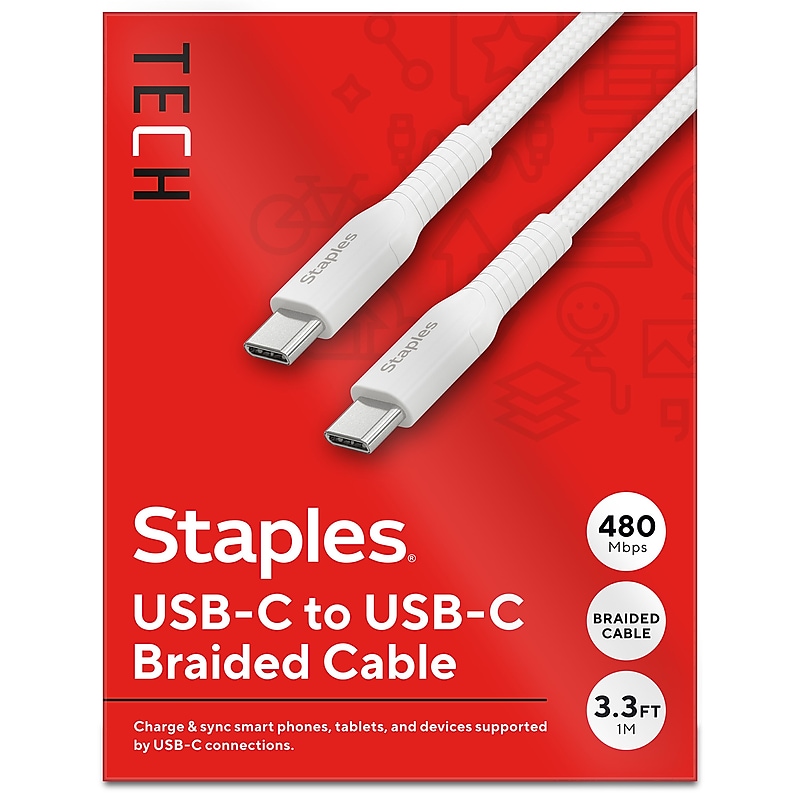 Staples TECH USB-C to USB-C Charging Cable, 3.3 ft., 480 Mbps, White (ST62334) image 1