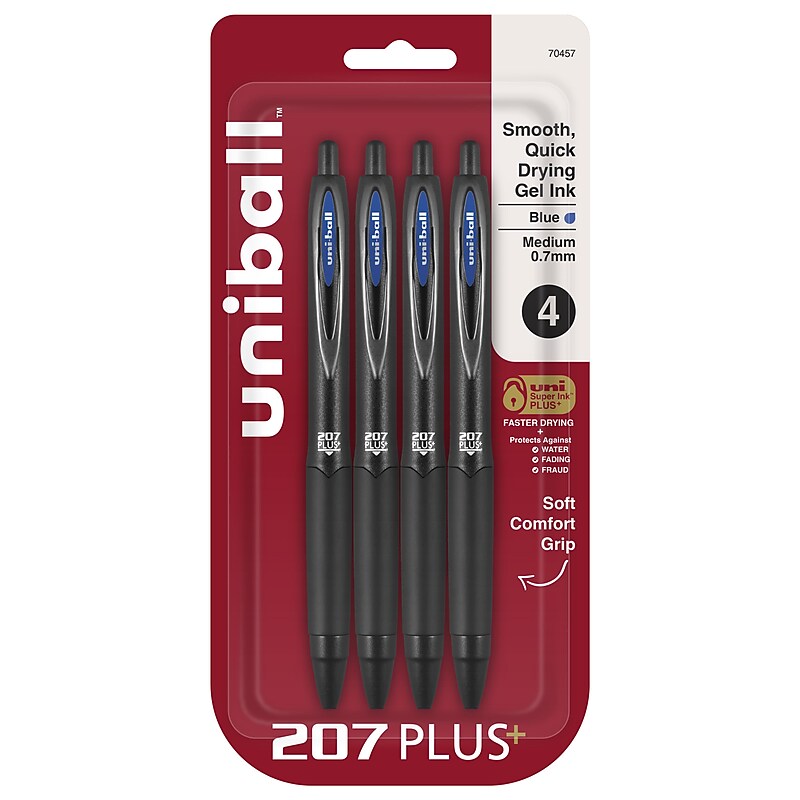 uniball 207 Plus+ Retractable Gel Pens, Medium Point, 0.7mm, Blue Ink, 4/Pack (70457) image 1