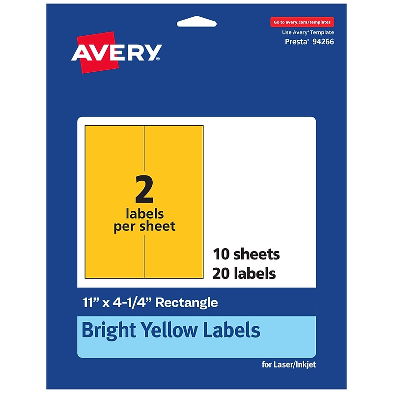 Avery Laser/Inkjet Rectangle Multipurpose Labels, 11" x 4.25", Bright Yellow, 20/Pack (94266) image 1