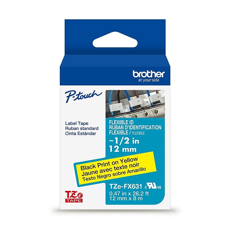 Brother P-touch Flexible ID Laminated Label Tape, ~1/2" x 26.2', Black on Yellow (TZeFX631) image 1