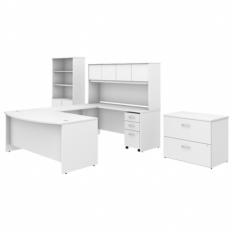 Bush Business Furniture Studio C 72W x 36D U Shaped Desk with Hutch, Bookcase and File Cabinets, White (STC001WHSU) image 1