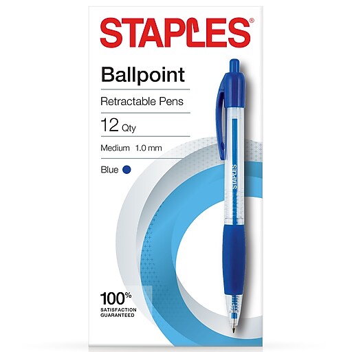 Staples Ballpoint Retractable Pens, Medium Point, Blue Ink, Dozen ...