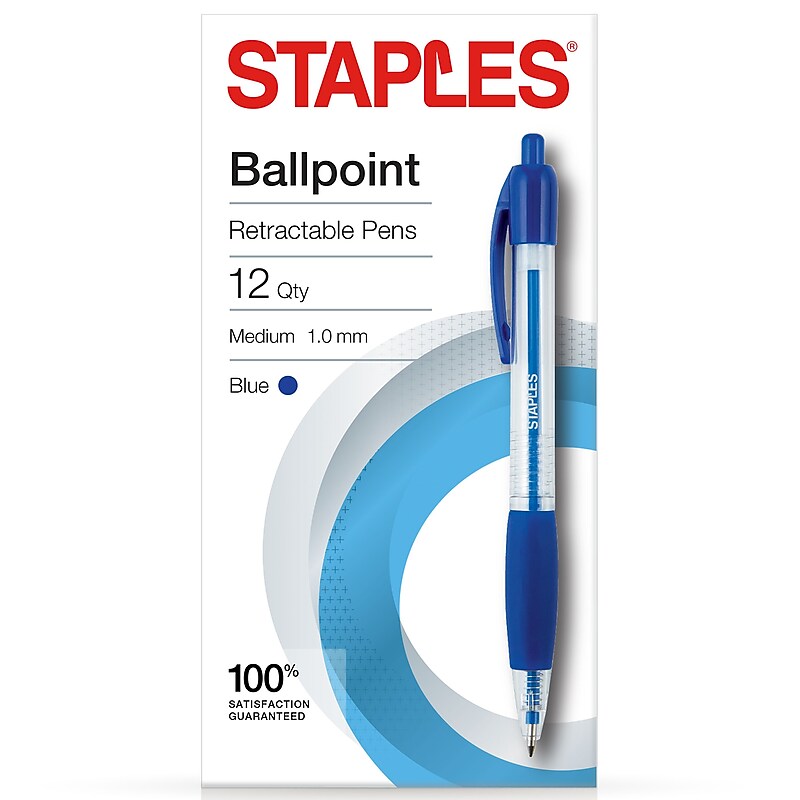 Staples® Retractable Ballpoint Pens, Medium Point, 1.0mm, Blue Ink, Dozen (50794-CC) image 1