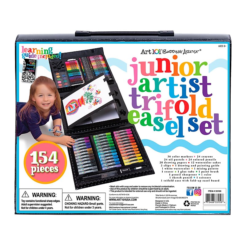 Art 101 Junior Artist Trifold Easel Color and Create Art Set, Assorted Colors, 154/Pack (53151MB) image 1