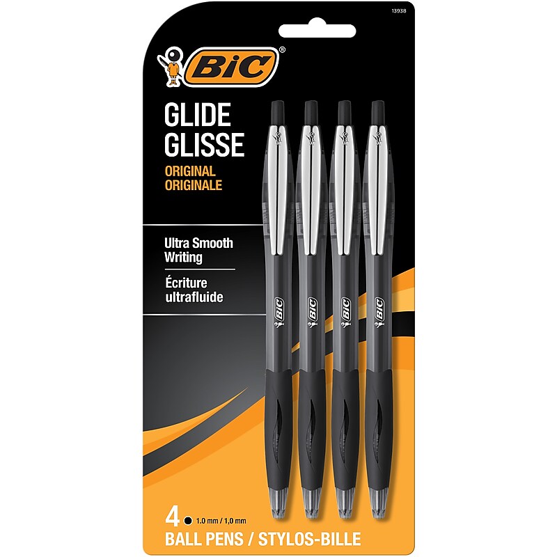 BIC Glide Retractable Ballpoint Pen, Medium Point, 1.0mm, Black Ink, 4/Pack (13938) image 1