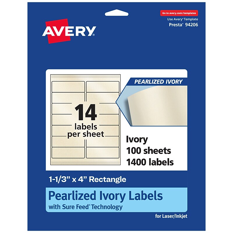 Avery Pearlized Ivory Rectangle Multipurpose Labels, 1-1/3" x 4", Ivory, 1400/Box (94206) image 1