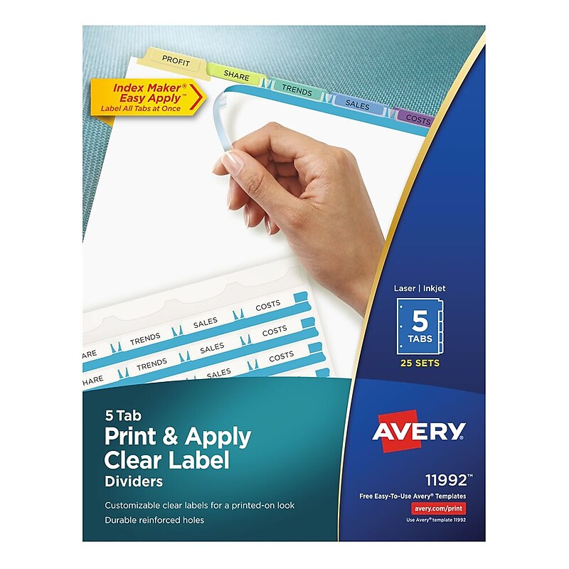 Avery Index Maker Paper Dividers with Print & Apply Label Sheets, 5 Tabs, Pastel, 25 Sets/Pack (11992) image 1