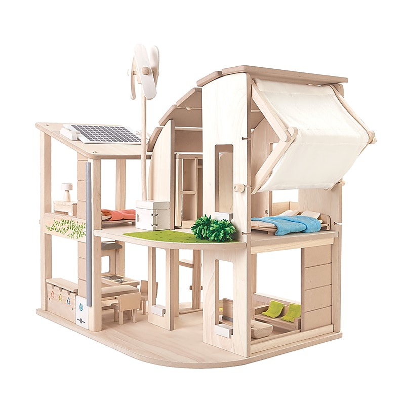 PlanToys Wooden Dollhouse with Furniture, 21.9" x 17.9" x 22.3", Green (PTS7156) image 1