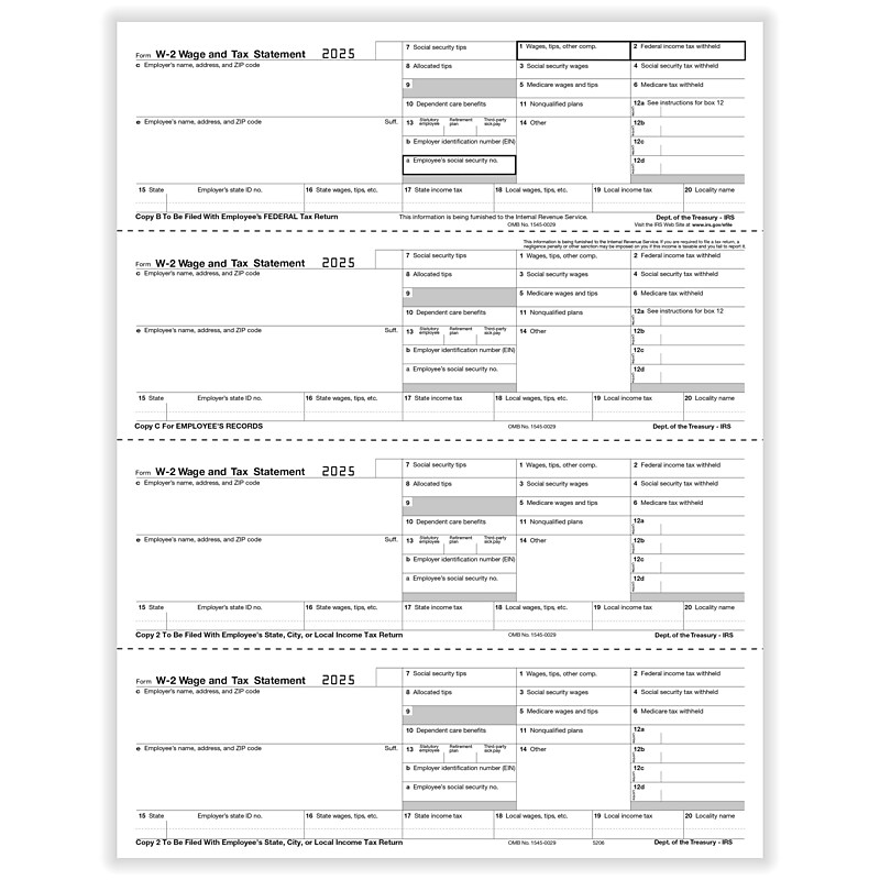 ComplyRight 2025 W-2 Tax Form, Employee’s Copies B, C, 2 & 2 Combined, 4-Up, 500/Pack (5206B) image 1