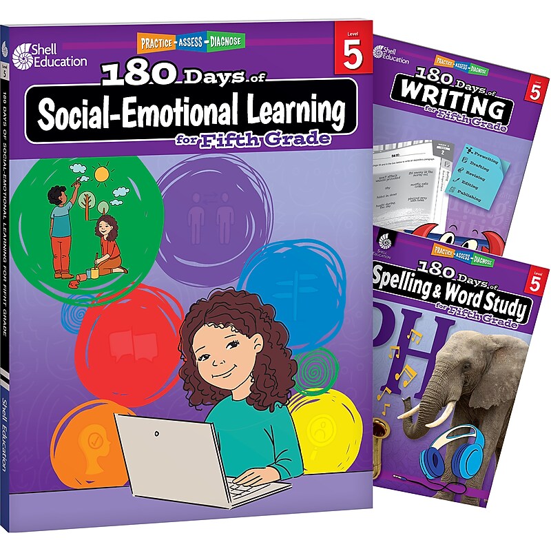 Shell Education 180 Days Social-Emotional Learning, Writing, & Spelling Grade 5, 3/Set (SEP147657) image 1