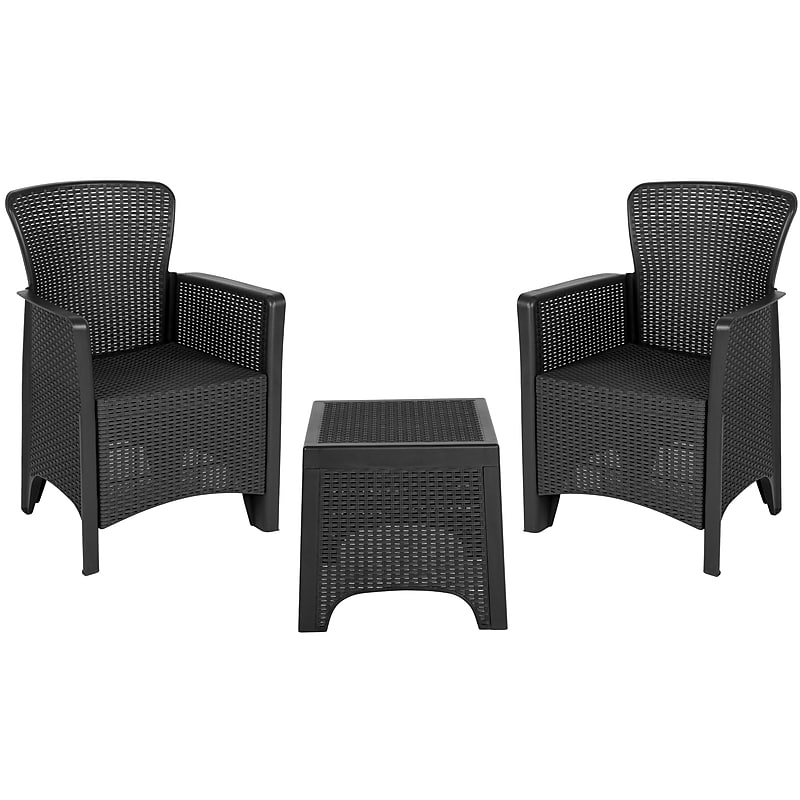 Flash Furniture Seneca Faux Rattan Plastic Chair Set with Matching Side Table, Dark Gray (DADSF32PSET) image 1