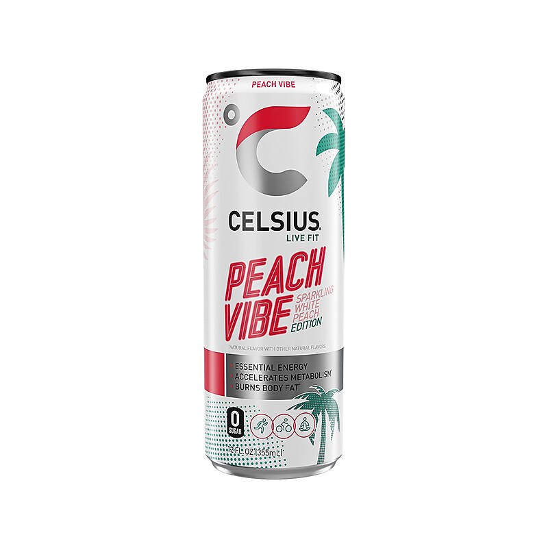 Celsius Sugar-Free Peach Vibe Sparkling Energy Drink, 12 fl. oz., 12 Cans/Carton (01043) image 1
