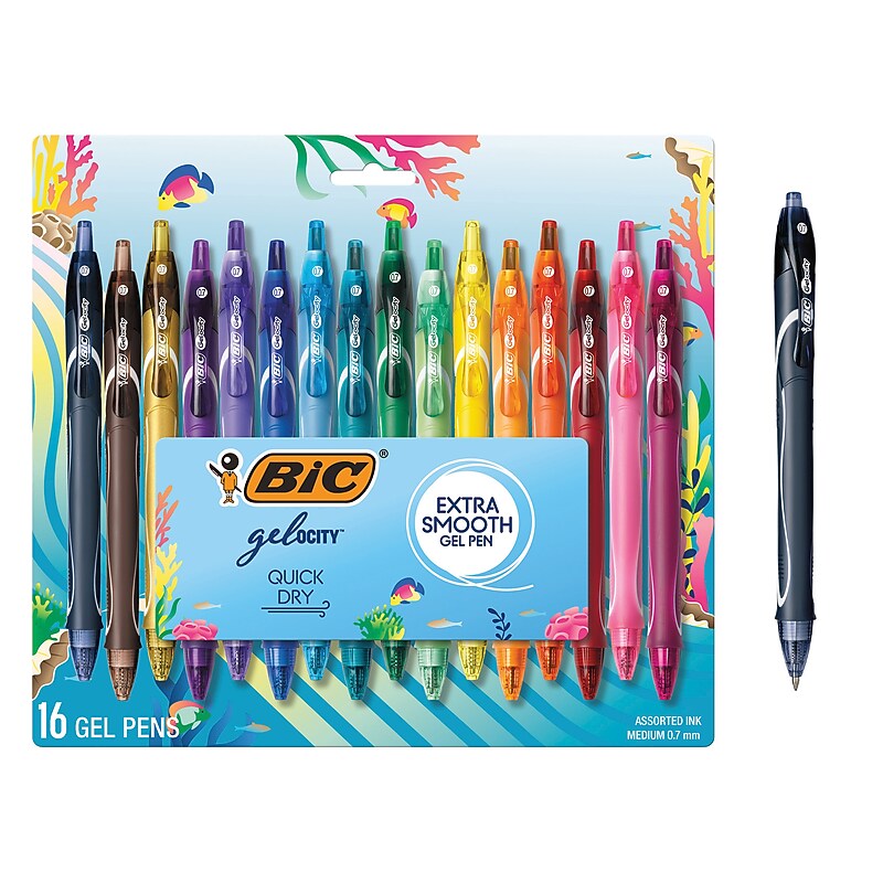 BIC Gel-ocity Quick Dry Retractable Gel Pens, Medium Point, 0.7mm, Assorted Inks, 16/Pack (RGLCGA16-AST) image 1
