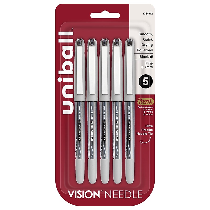 uni-ball VISION Needle Rollerball Pen, Fine Point, 0.7mm, Black Ink, 5/Pack (1734912) image 1