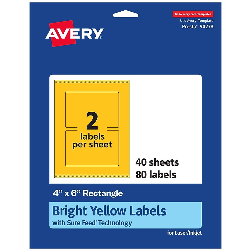 Avery Laser/Inkjet Rectangle Multipurpose Labels, 4" x 6", Bright Yellow, 80/Pack (94278) image 1