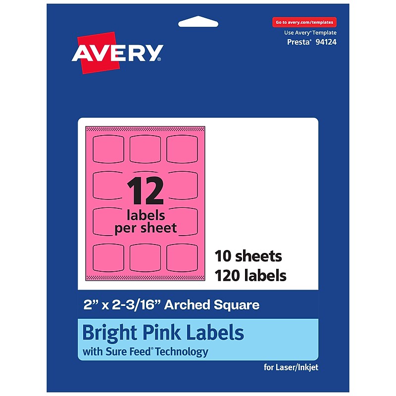 Avery Laser/Inkjet Arched Square Multipurpose Labels, 2" x 2-3/16", Bright Pink, 120/Pack (94124) image 1
