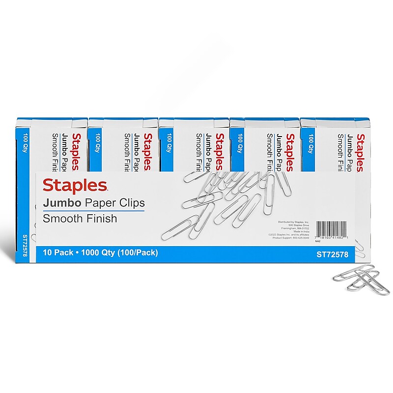 Staples Smooth Jumbo Paper Clips, Silver, 1000 Clips/Pack, 10/Pack(A7026605/72578) image 1