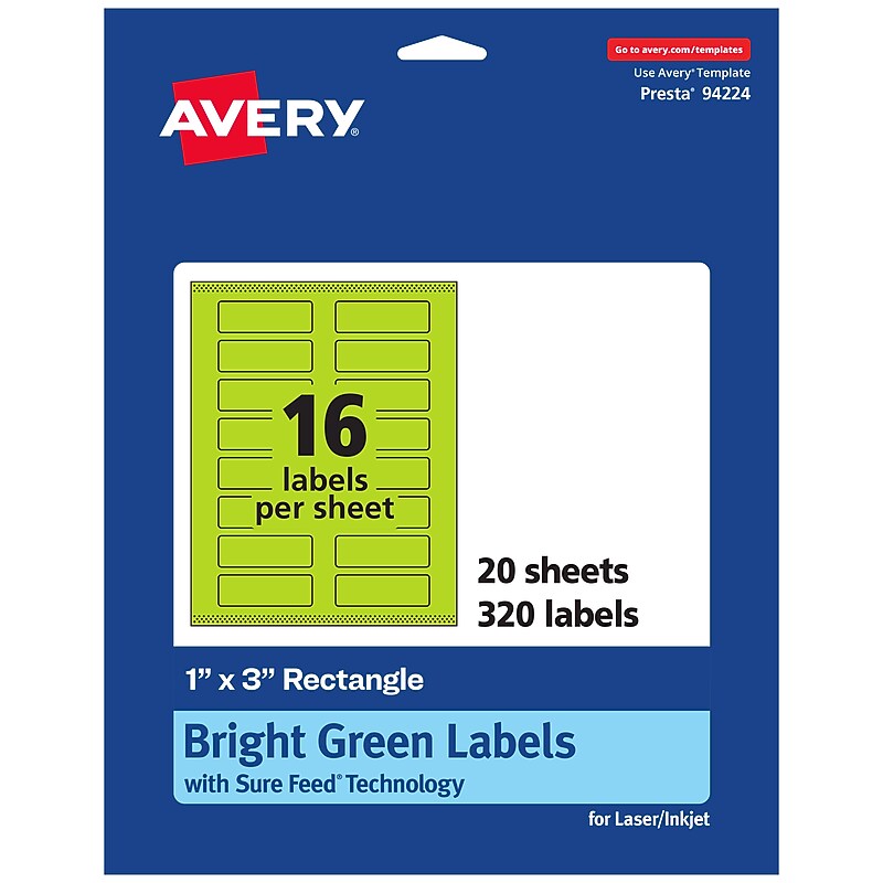 Avery Laser/Inkjet Multipurpose Rectangle Labels, 1" x 3", Bright Green, 320/Pack (94224) image 1