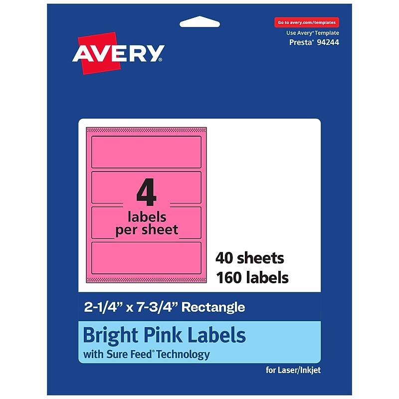 Avery Rectangle Laser/Inkjet Multipurpose Labels, 2.25" x 7.75", Bright Pink (160/Box) image 1