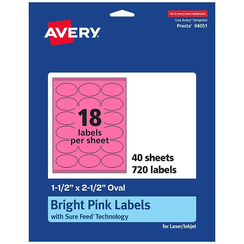 Avery Laser/Inkjet Oval Multipurpose Labels, 1.5" x 2.5", Bright Pink, 720/Pack (94051) image 1