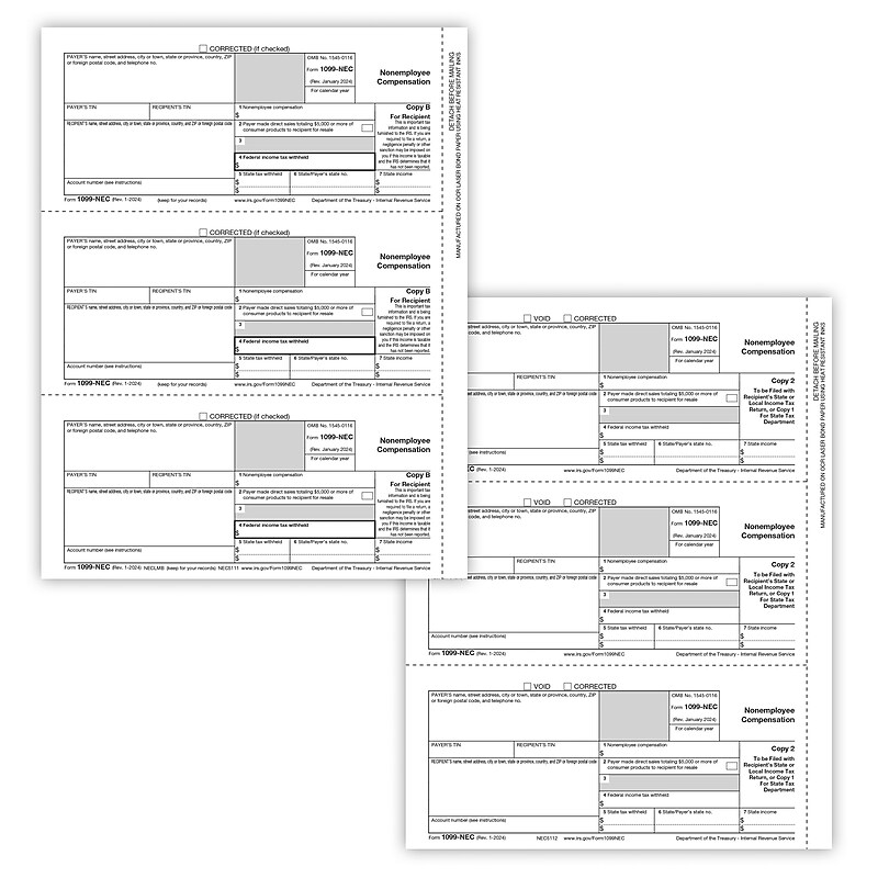 ComplyRight 2024 1099-NEC Tax Form Recipient Copy Only, 3-Part, 3-Up, Copy B, C/2, 25/Pack (NEC611325) image 1
