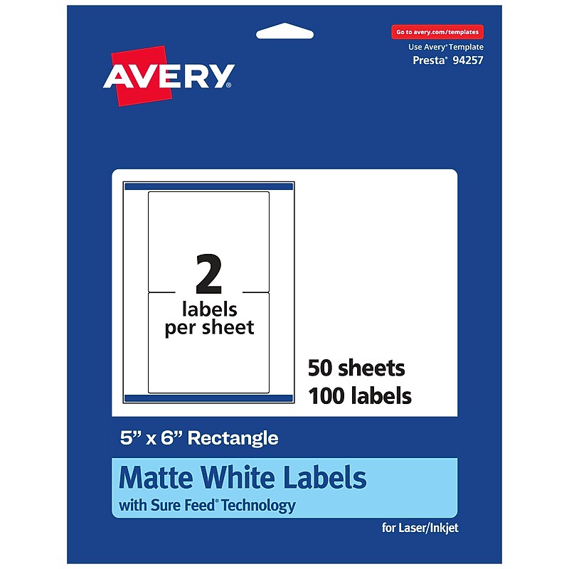 Avery Laser/Inkjet Multipurpose Labels, White, 2 Labels/Sheet, 50 Sheets/Pack (94257-WMP50) image 1