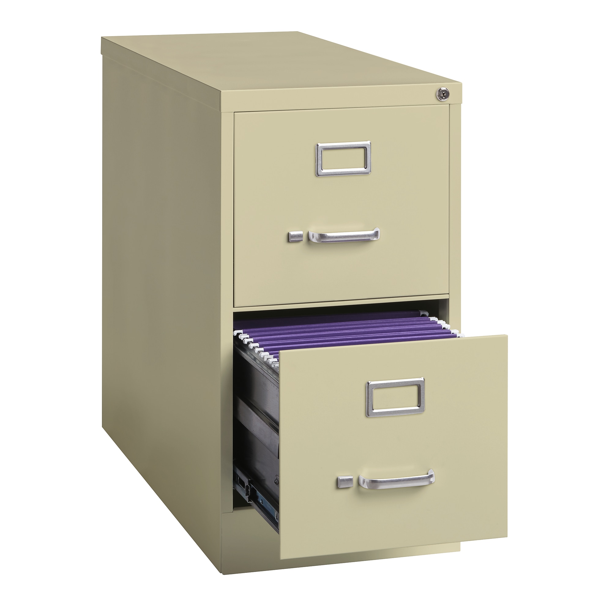 Open top drawer of two-drawer file cabinet showing philatelic interior and purple files